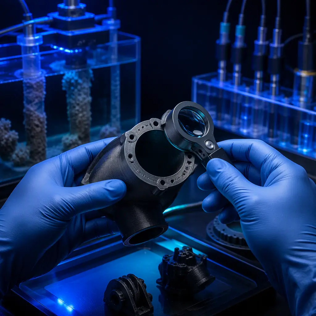 Technician inspecting a printed marine part with a magnifier under a lab light, corrosion notes on the bench beside it
