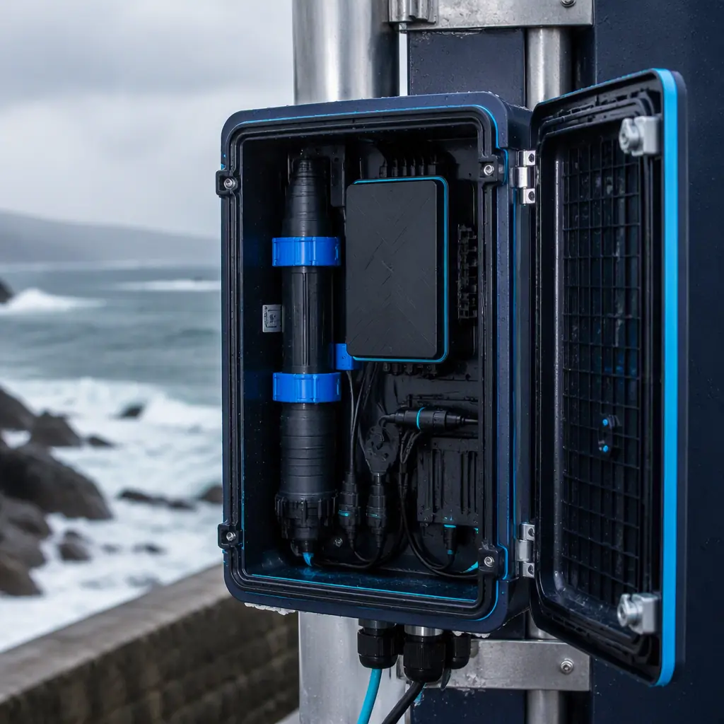 Printed parts mounted inside a marine enclosure and installed on a coastal site, waves and sea spray visible in the background