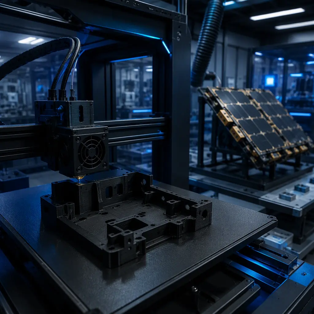 FDM 3D printer in a cleanroom-style aerospace integration lab printing an ESD-safe assembly jig, satellite panel mockup on workbench beside it
