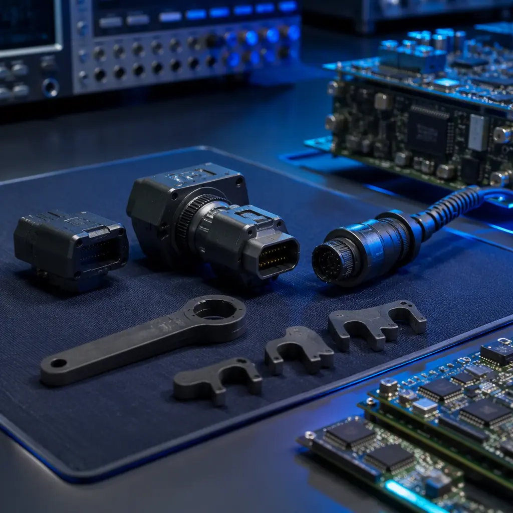 ESD-safe carbon-loaded PETG test adapter and connector saver tools on an anti-static mat beside flight avionics electronics, cleanroom bench
