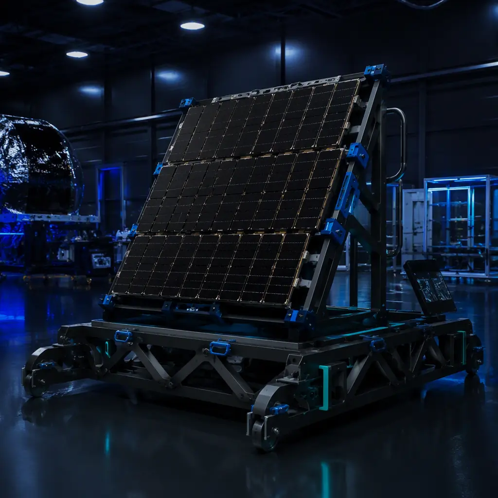 PA-CF printed ground support transport cradle holding a satellite panel mockup in a clean integration facility, industrial lighting