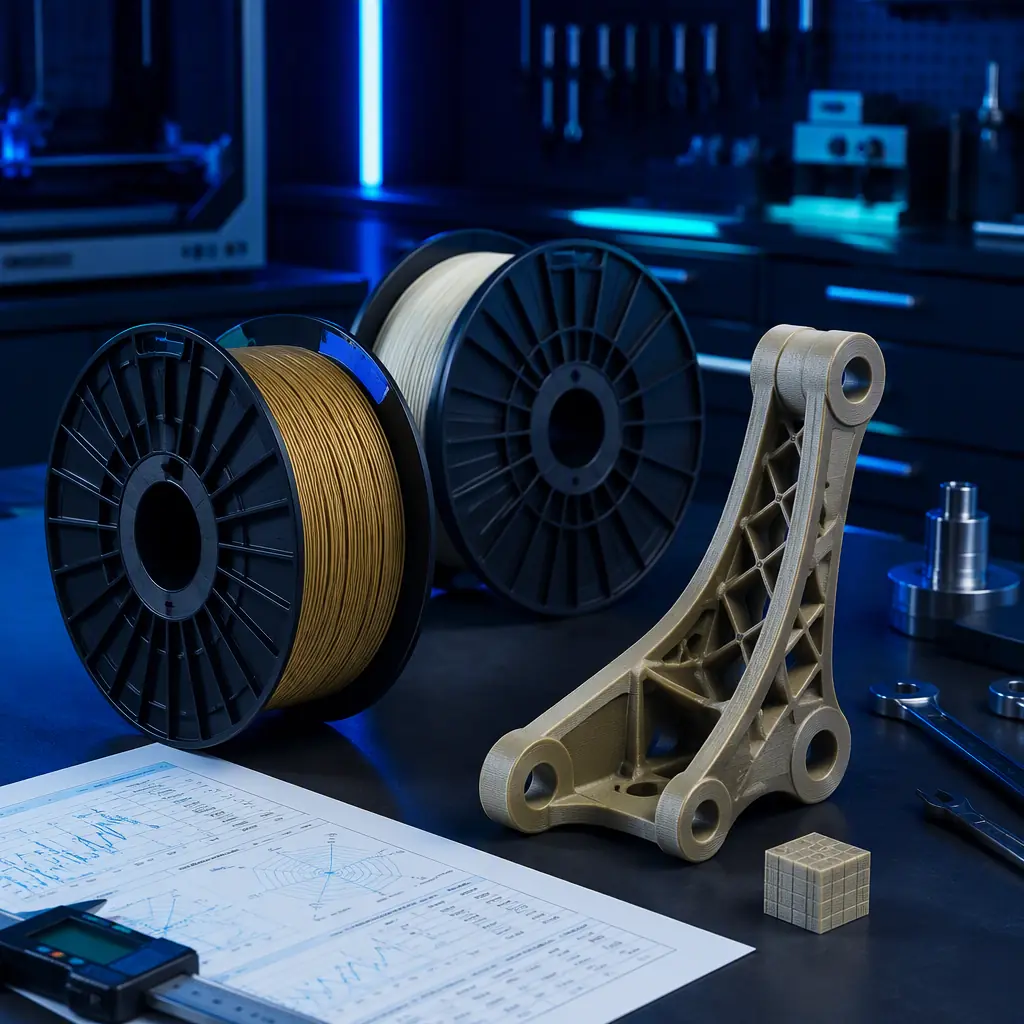 PEEK and PEI filament spools beside a printed flight-adjacent bracket on an engineering workbench, material datasheets and calibration cube nearby