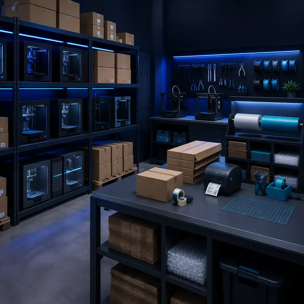 3D printer distributor workspace, organized warehouse shelves with printer boxes, shipping station with labels and packing materials, small business fulfillment center with blue accent lighting