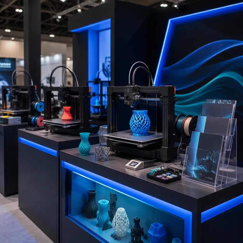 3D printer trade show booth display, printers running demonstration prints, product brochures on counter, distributor talking to customer, professional exhibition photography with blue accent lighting