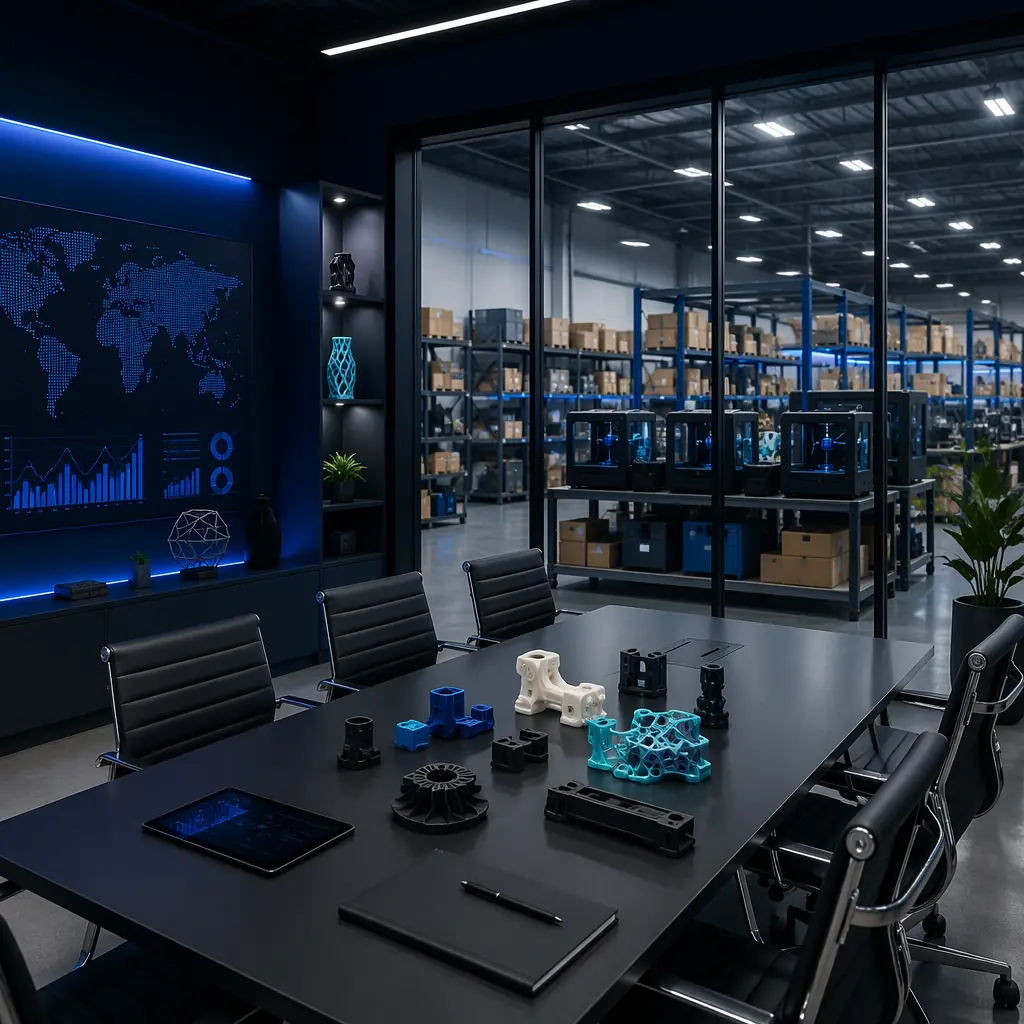 Modern distribution office, team meeting around table with 3D printer on display, warehouse visible through glass wall, growing business operations photography with blue accent lighting