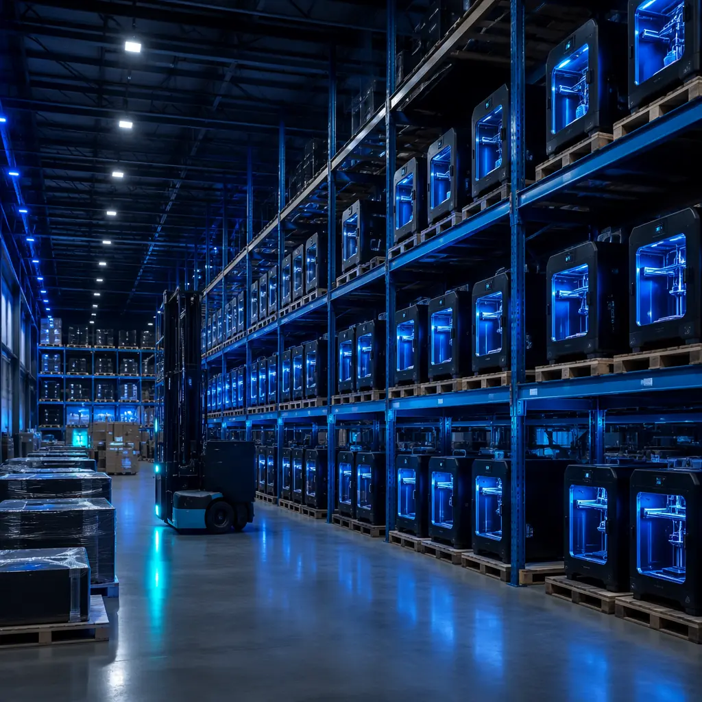Large warehouse with rows of 3D printers on pallet racks, forklift in aisle, logistics center scale, regional distribution hub photography with blue accent lighting on dark background