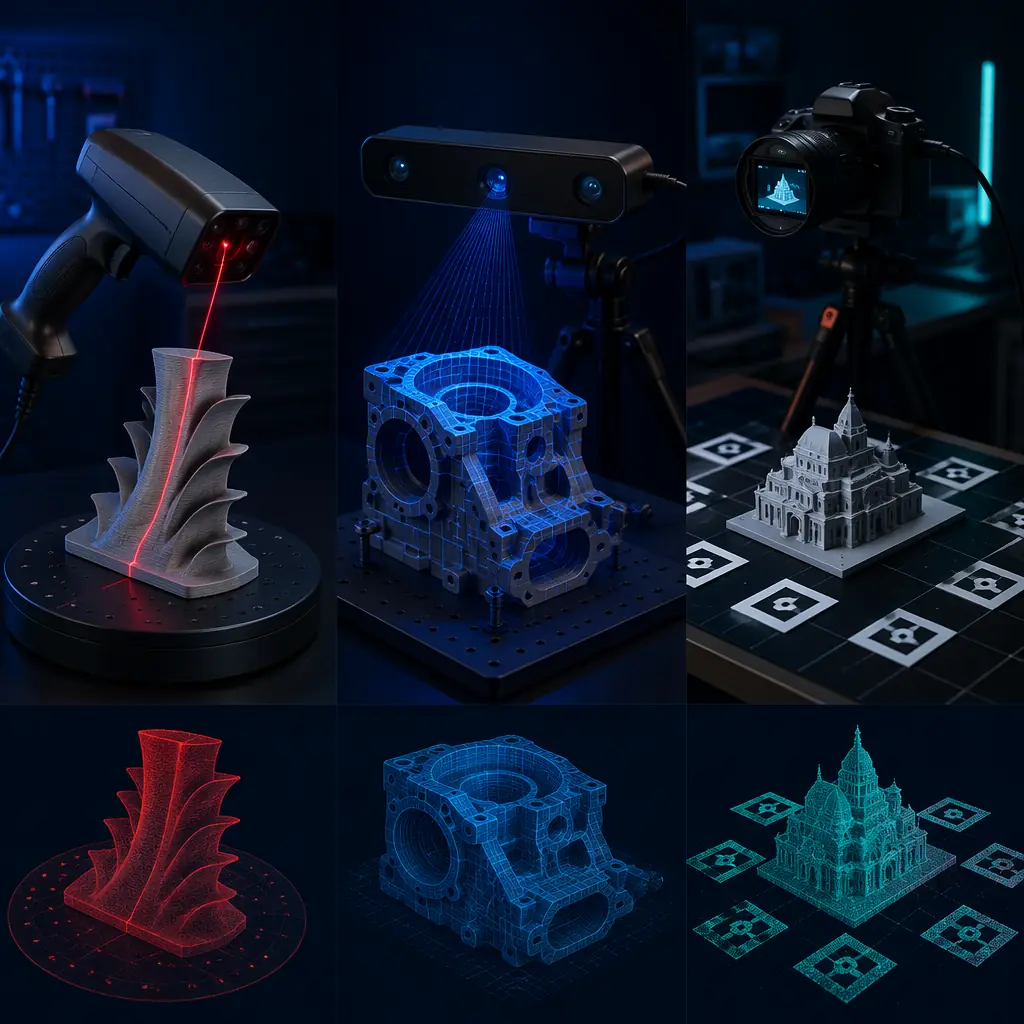 Professional 3D scanner on display at trade show booth alongside 3D printer, distributor demonstrating scan-to-print workflow to business customer, product comparison chart on tablet screen, industrial exhibition lighting