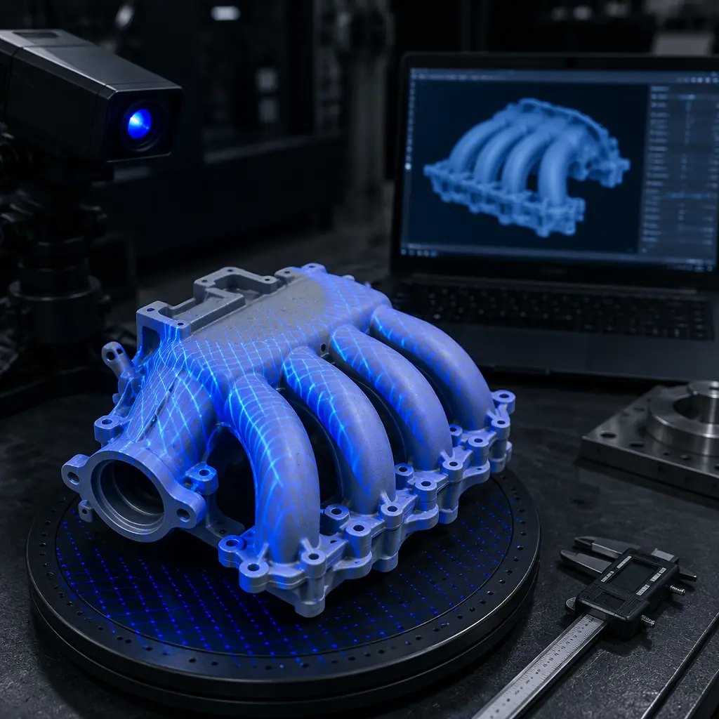 Close-up macro shot of structured light 3D scanner projecting blue light pattern onto mechanical part on turntable, point cloud visualization on adjacent monitor, precision engineering laboratory setting with calibration targets visible
