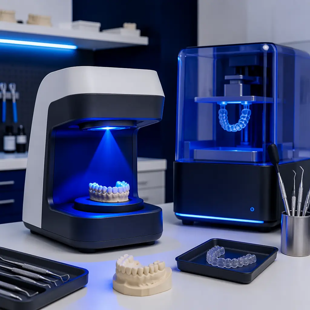 Side-by-side comparison display on workbench — structured light scanner projecting blue pattern on dental model on left, handheld laser scanner tracking engine component in center, DSLR camera on tripod for photogrammetry setup on right, all three technologies demonstrated in single frame