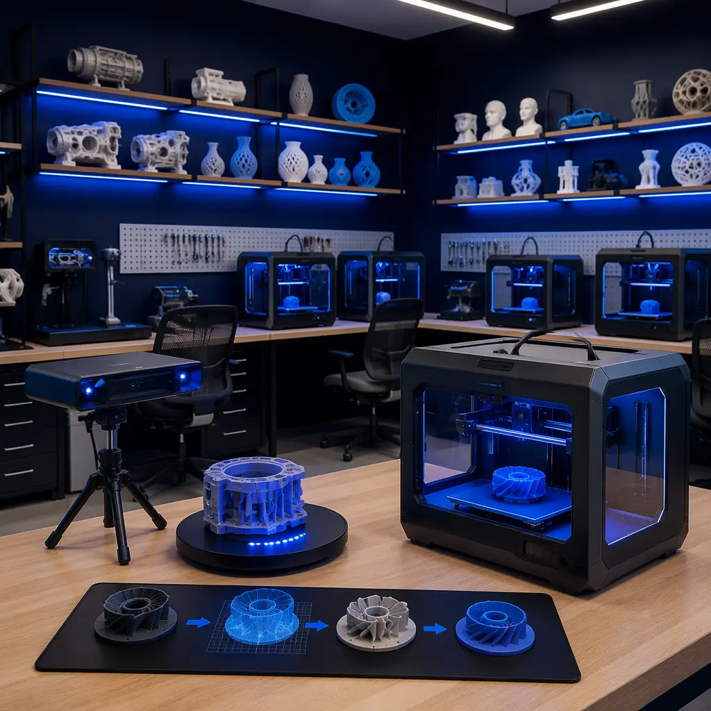 Desktop structured light scanner with automated turntable scanning mechanical component, point cloud data rendering on dual monitors showing deviation color map against CAD reference, metrology laboratory environment with calibration artifacts on shelf