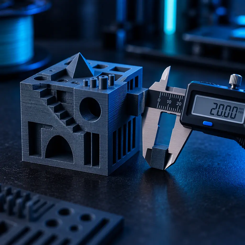 Printed 3D printing benchmark test block on a dark surface being measured with digital calipers, layer lines visible
