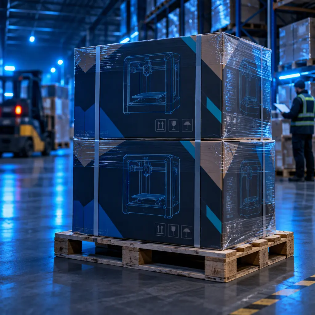 Pallet of boxed 3D printers in a distribution warehouse with a manifest being checked, forklift blurred in the background, cool blue lighting
