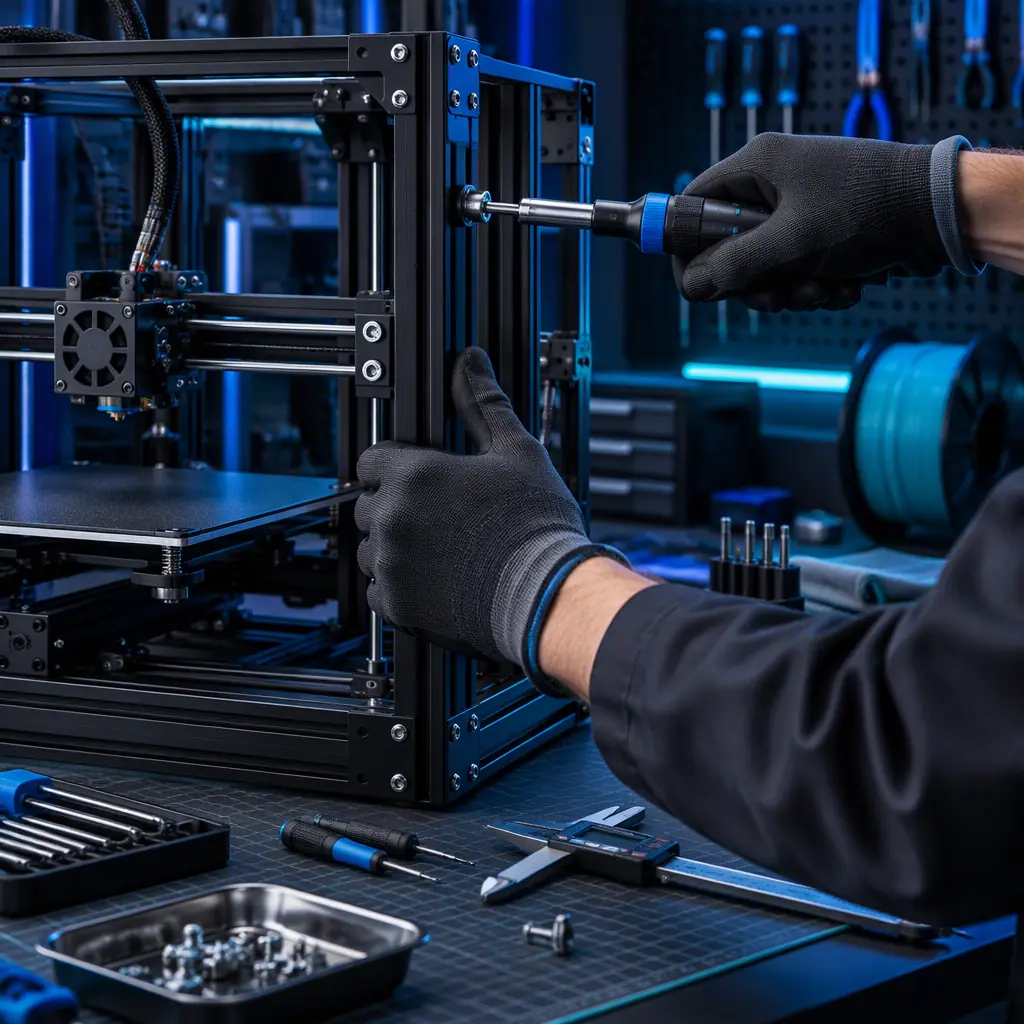 Technician's gloved hands using a torque screwdriver on the frame bolt of an open 3D printer in a service workshop, calipers on the bench