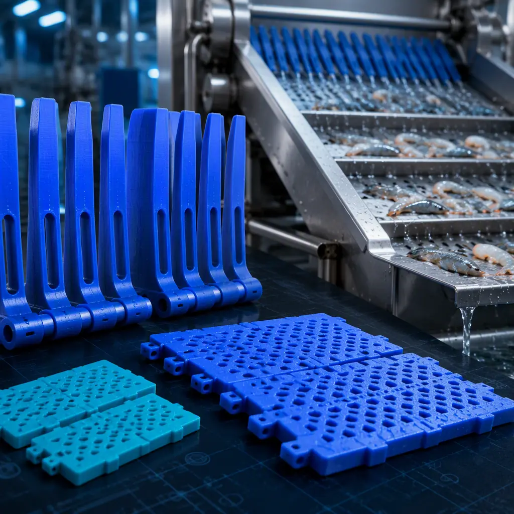 3D printed food-grade polypropylene grader belt fingers and shaker wear pads on a dark technical workbench beside a stainless seafood grading shaker, bright wet processing-plant depth-of-field in soft focus, deep navy ambient with electric blue accent lighting, no text
