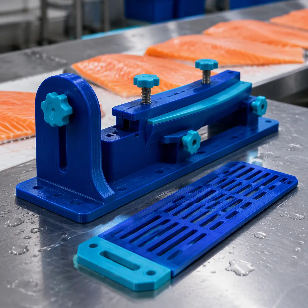 Close-up of 3D printed fillet jig and product guide plate arranged on a stainless work table in a wet seafood plant, salmon fillets softly blurred in the background, bright industrial lighting with electric blue accent, no text