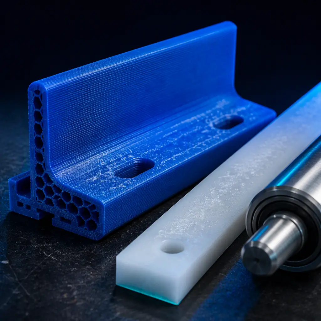 Macro close-up of a 3D printed rigid-TPU conveyor cleat and a food-grade polypropylene wear strip beside a stainless conveyor roller on a dark maintenance bench, subtle salt-crystal wear pattern visible, industrial lighting with electric blue accent, no text