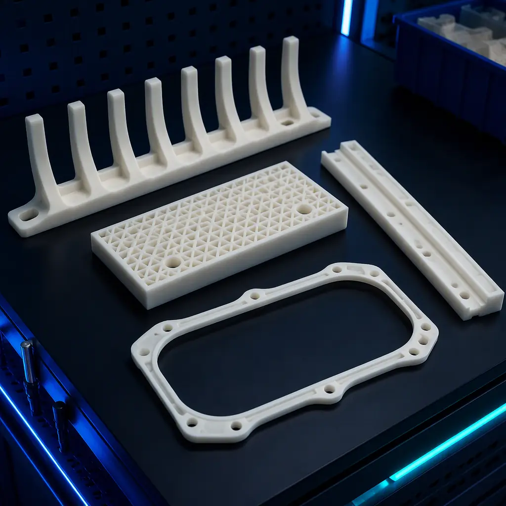Array of 3D printed seafood-plant spares on a dark maintenance bench: grader belt finger, shaker wear pad, conveyor wear strip, wash-down housing gasket, cast in food-grade natural polymer with a subtle teal brand-free accent, deep navy background, precision engineering lighting, no text