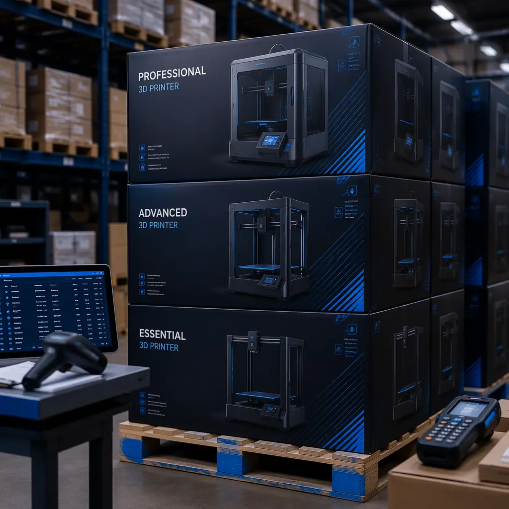 Warehouse with pallets of boxed 3D printers stacked on industrial shelving, inventory barcode labels visible, forklift in background, distribution center lighting