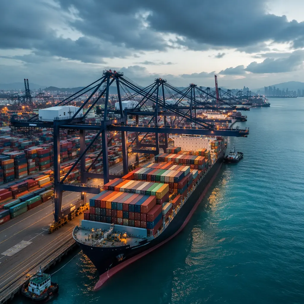 Container ship at port with shipping containers being loaded, industrial port setting, container yard with stacked boxes visible, logistics and global trade atmosphere