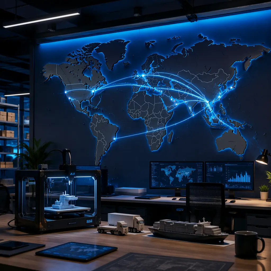 World map with shipping routes highlighted, 3D printer distribution hubs marked, container ship routes connecting China to North America, Europe, and Middle East, logistics planning aesthetic