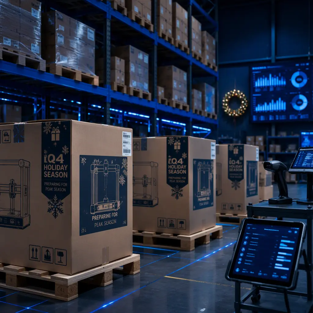 3D printers on warehouse pallets with inventory management tablets and barcode scanners nearby, distribution center with organized shelving, professional logistics setting