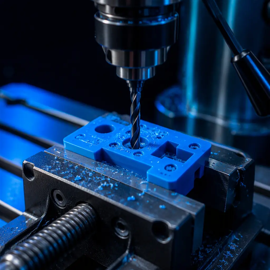 Printed part clamped in a drill vise being machined with a drill bit, machining chips visible, secondary operations in a workshop