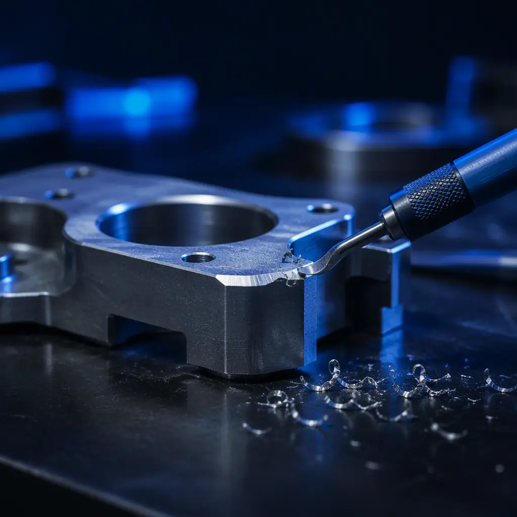 Printed part being deburred with a hand deburring tool at a workbench, chips and a chamfered edge visible, finishing operation theme