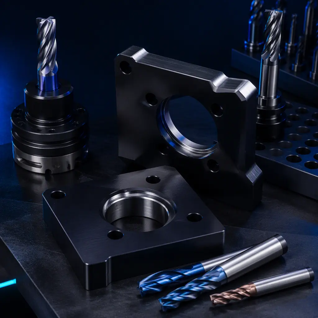 Finished machined printed parts with a chamfered hole and machined datum face arranged on a bench beside cutting tools, precision secondary operations theme
