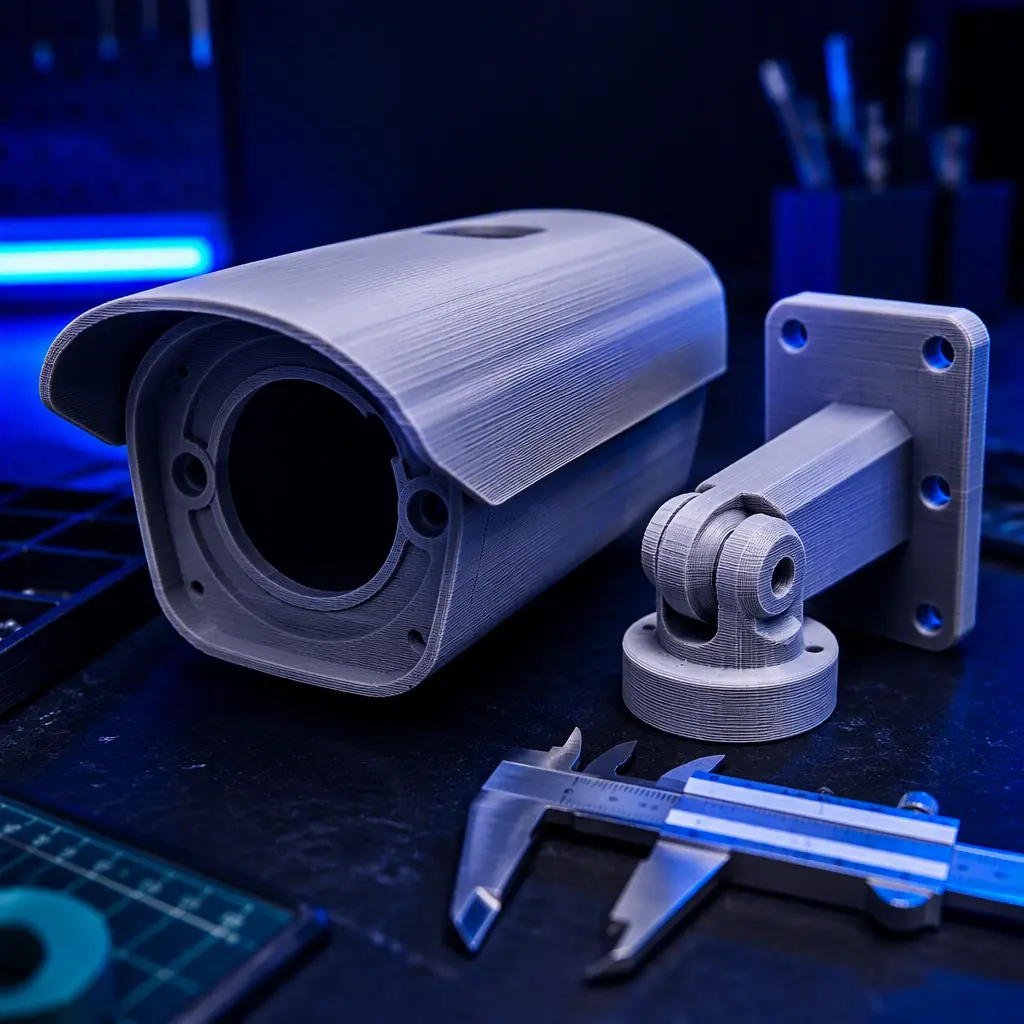 Macro close-up of a 3D printed security camera housing on a workbench with a PTZ mounting bracket beside it, printed layer lines visible, calipers next to the part, studio lighting