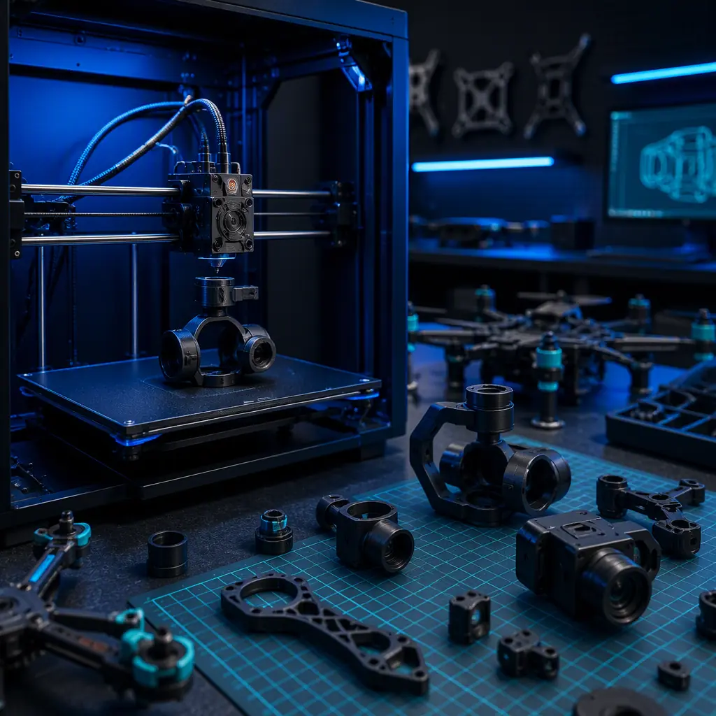 3D printer printing drone gimbal and camera components in an engineering lab, printed UAV parts on the build plate and workbench, LED-lit print chamber, studio lighting