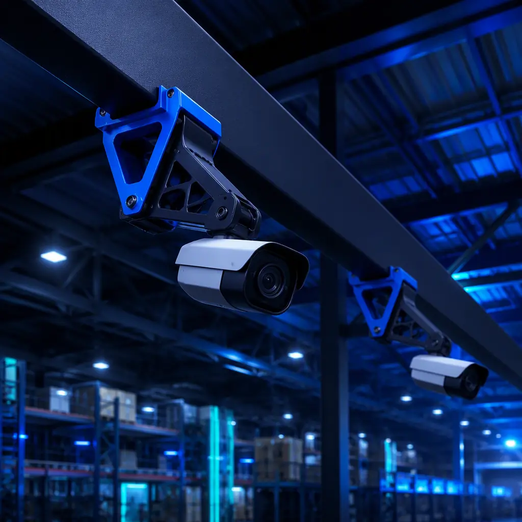 3D printed security camera mounting brackets installed on warehouse ceiling beams with cameras attached, industrial warehouse setting, deep navy tones with electric blue accent lighting