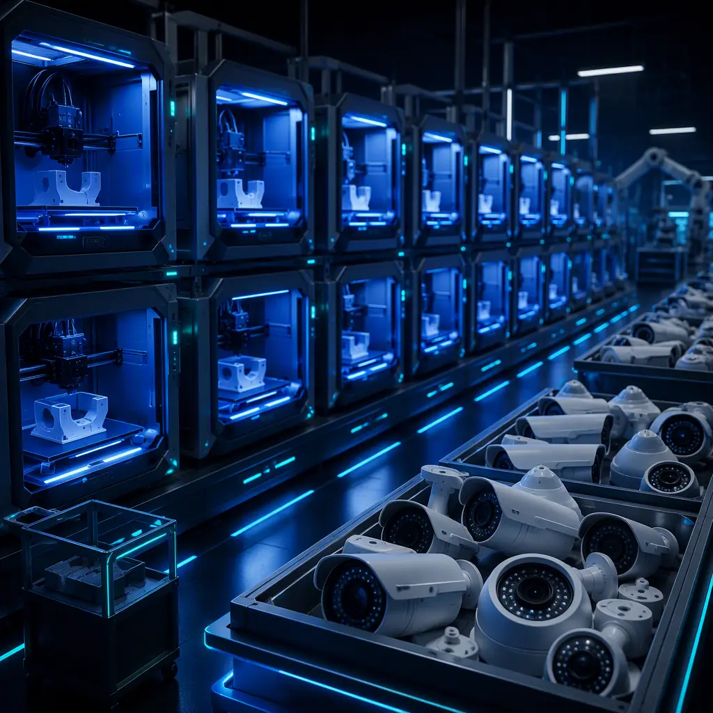Row of identical 3D printers producing security camera parts in a print farm, LED-lit chambers, finished camera housings in collection area, studio lighting
