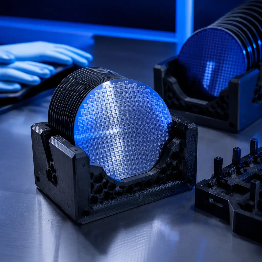 ESD-safe 3D printed wafer handling fixtures with silicon wafers in a cleanroom, technician gloves in background, blue accent lighting