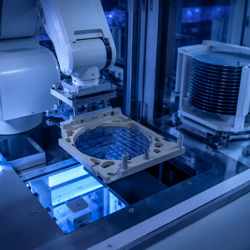 PEEK printed fixture being placed into an automated wafer handling tool inside a cleanroom, robotic arm visible, blue cleanroom lighting