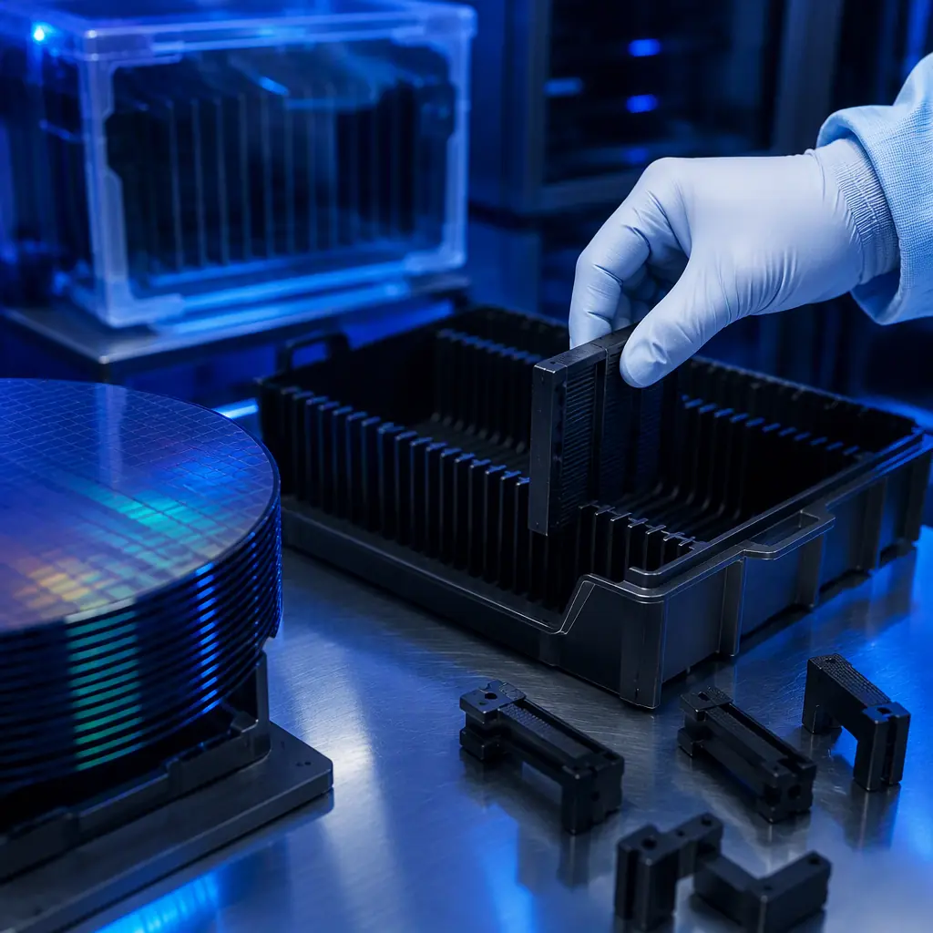 Static-dissipative 3D printed wafer cassette tray inserts and retention clips in dark carbon-loaded material, cleanroom workstation