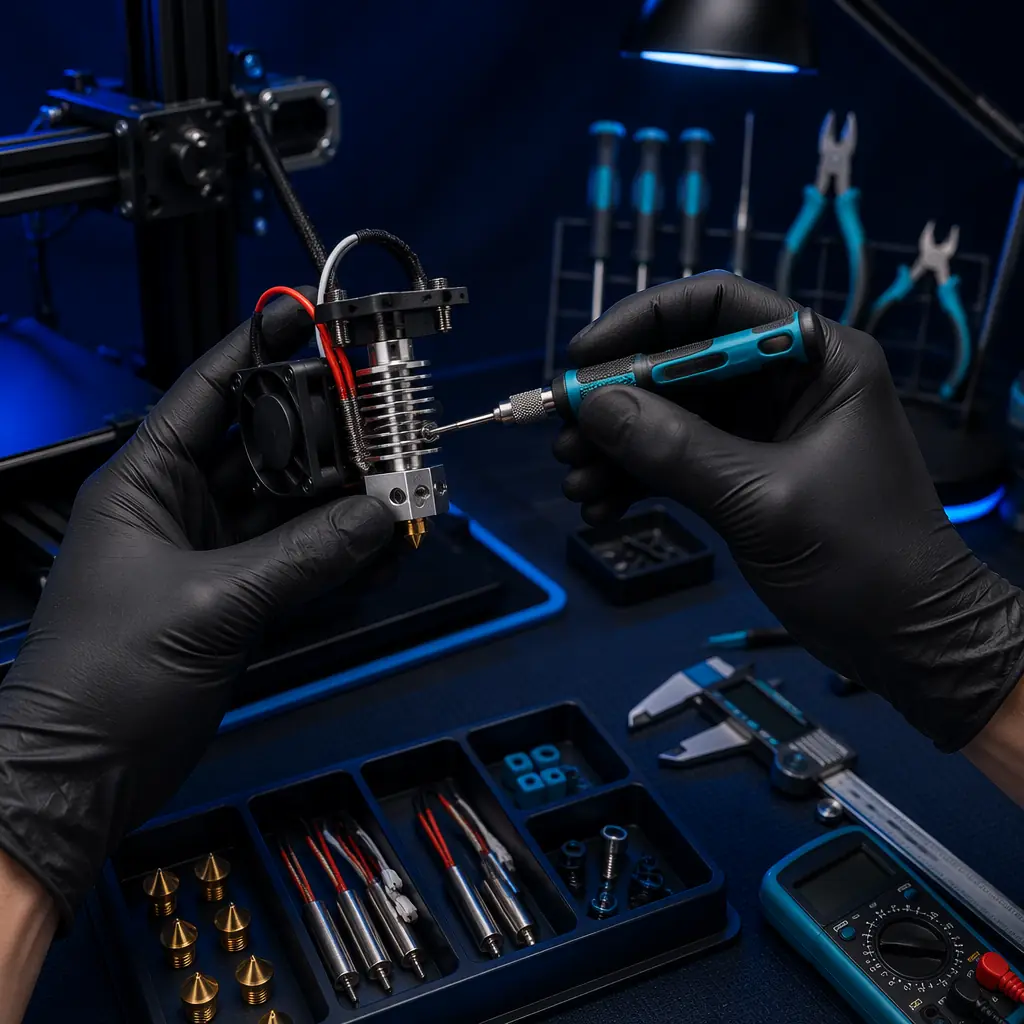 Technician working on open 3D printer with visible hotend and nozzle assembly on service bench, precision tools and multimeter visible, spare parts organized in compartment trays, clean workshop environment with task lighting