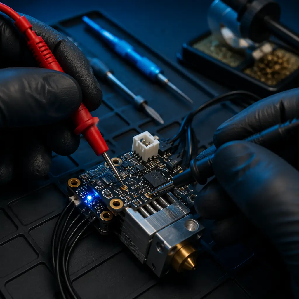 Close-up of technician hands using multimeter to test thermistor resistance on 3D printer hotend assembly, circuit board visible, anti-static mat on workbench, precision tools organized in background, industrial workspace lighting