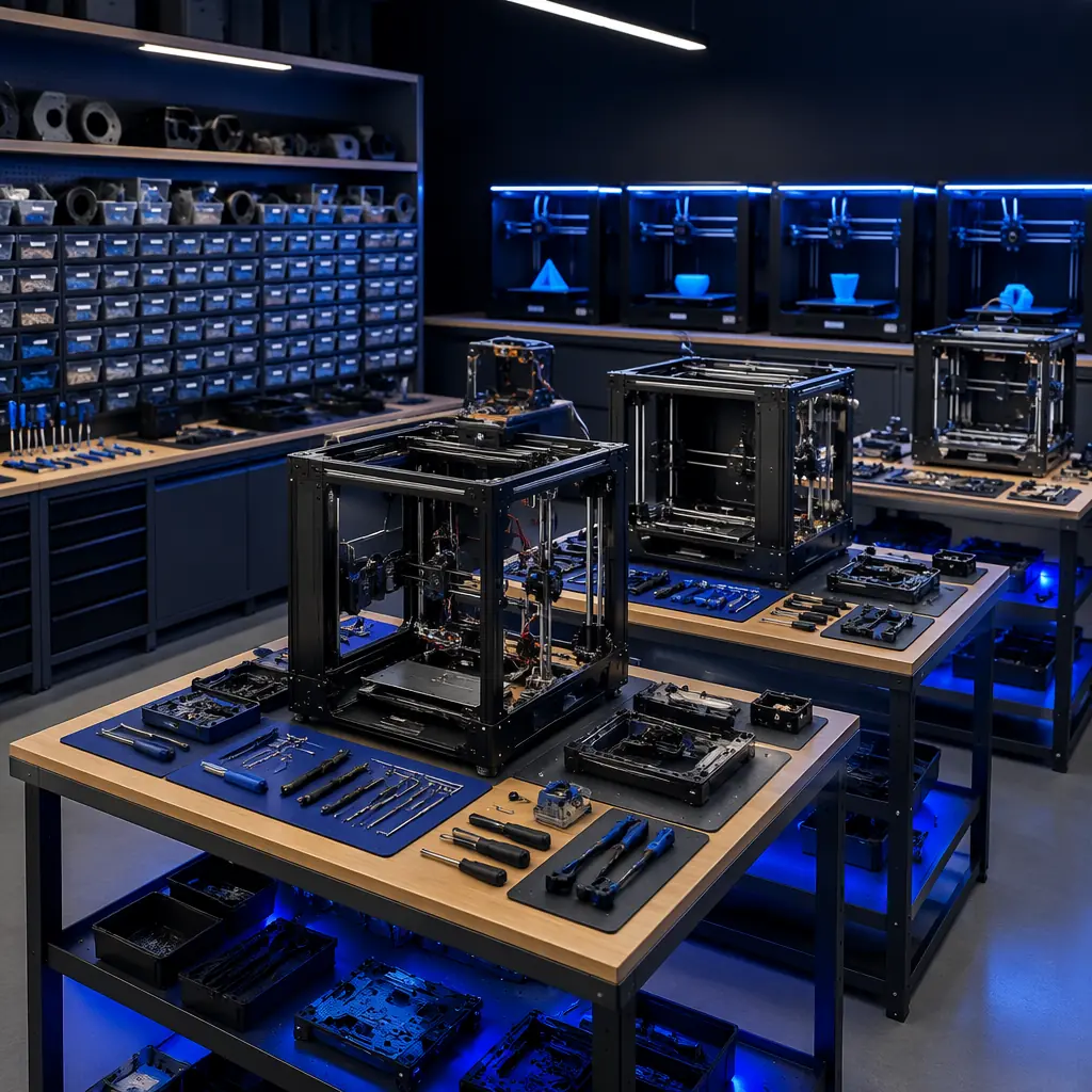 Clean organized 3D printer service workshop with multiple printers on racks in various states of repair, test printers running calibration prints in background, parts inventory wall with labeled bins, professional workshop environment
