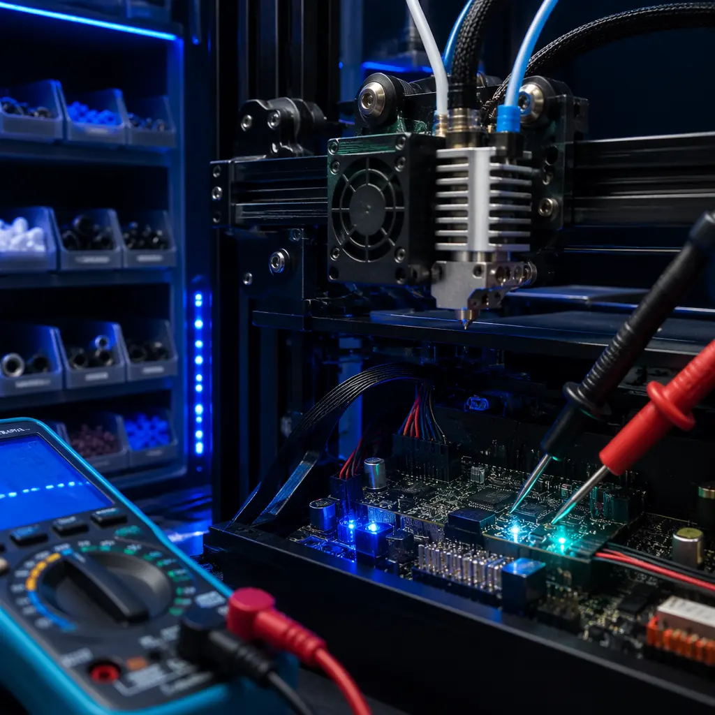 3D printer technician in clean workbench environment inspecting printer components with diagnostic tools, organized spare parts shelving visible, professional service center lighting