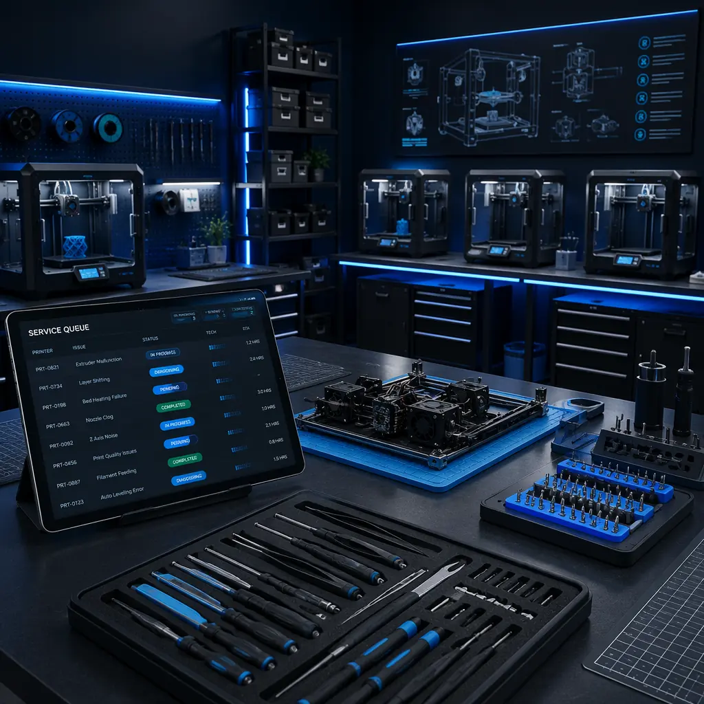 Clean organized 3D printer repair workbench with diagnostic tablet showing service dashboard, calibrated tools arranged on magnetic strip, multiple printer models in service queue with status tags