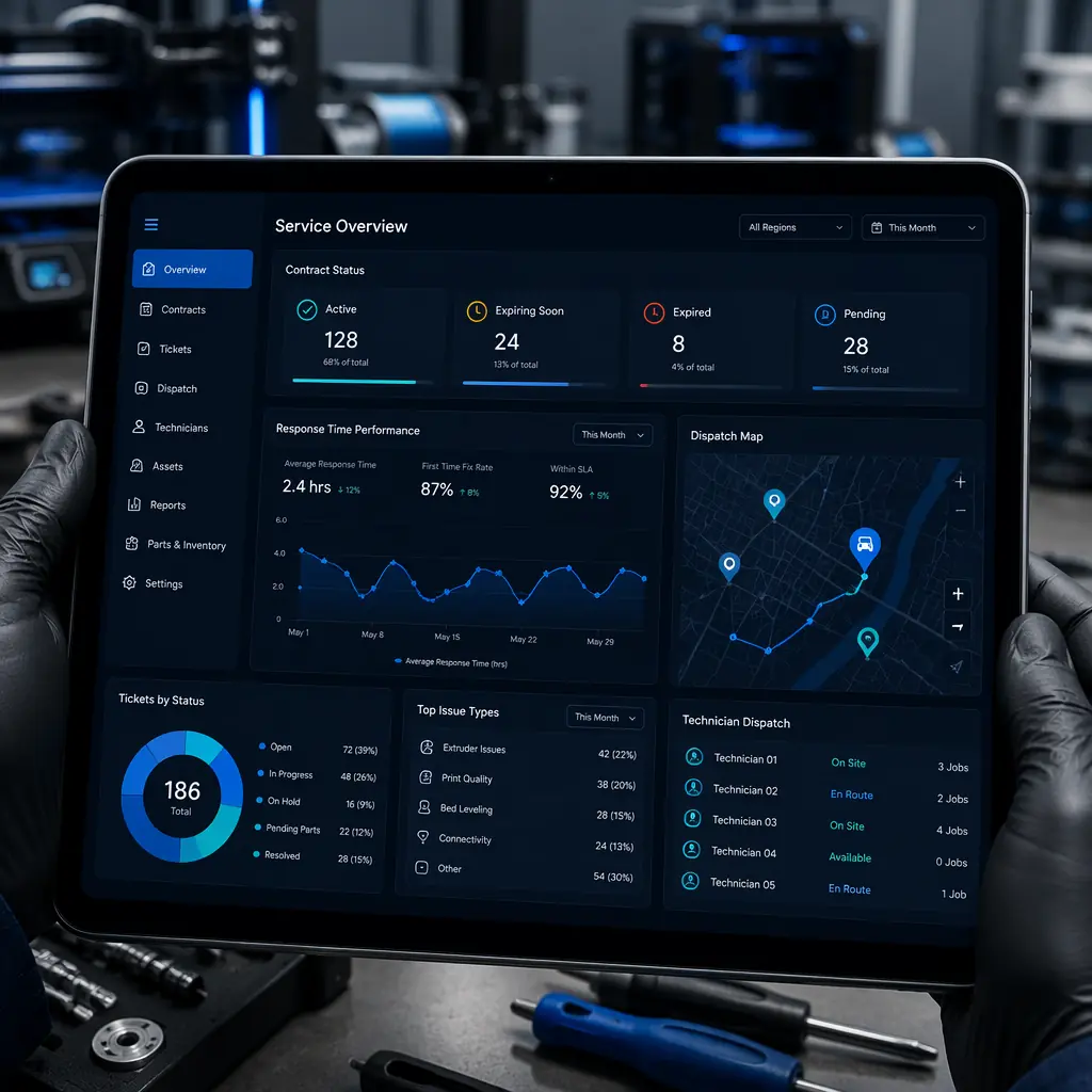 Modern service dashboard on tablet showing contract status, response time metrics, and technician dispatch map with 3D printer service queue, professional operations center aesthetic
