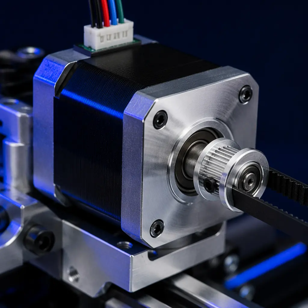 Close-up macro photograph of a NEMA 17 stepper motor mounted on a 3D printer gantry, drive belt and pulley visible, precision engineering shot with deep navy background and electric blue accent lighting highlighting the motor housing