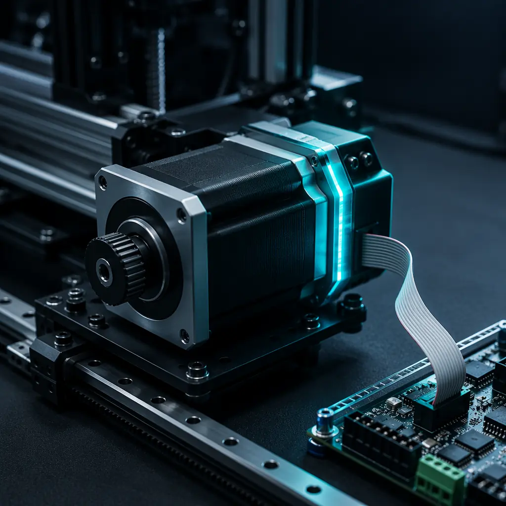 Closed-loop NEMA 17 servo motor with encoder wire and connector visible, mounted on 3D printer axis with toothed pulley and belt, rear encoder housing with LED indicator, deep navy background with electric blue accent highlights on the encoder assembly
