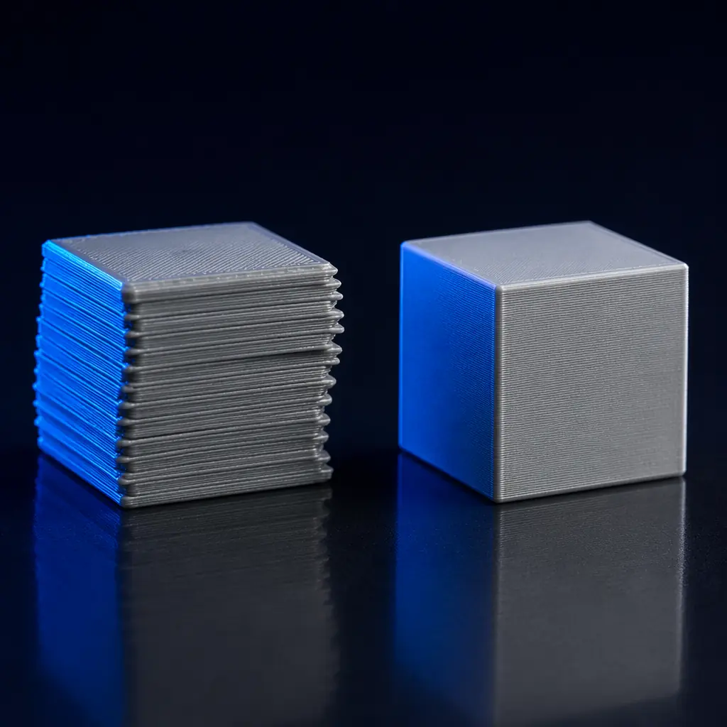 Side-by-side print quality comparison on dark surface: one 3D printed part showing visible layer shift offset versus an identical model printed perfectly clean without any layer shift, both parts under studio lighting with deep navy background and electric blue accent highlights