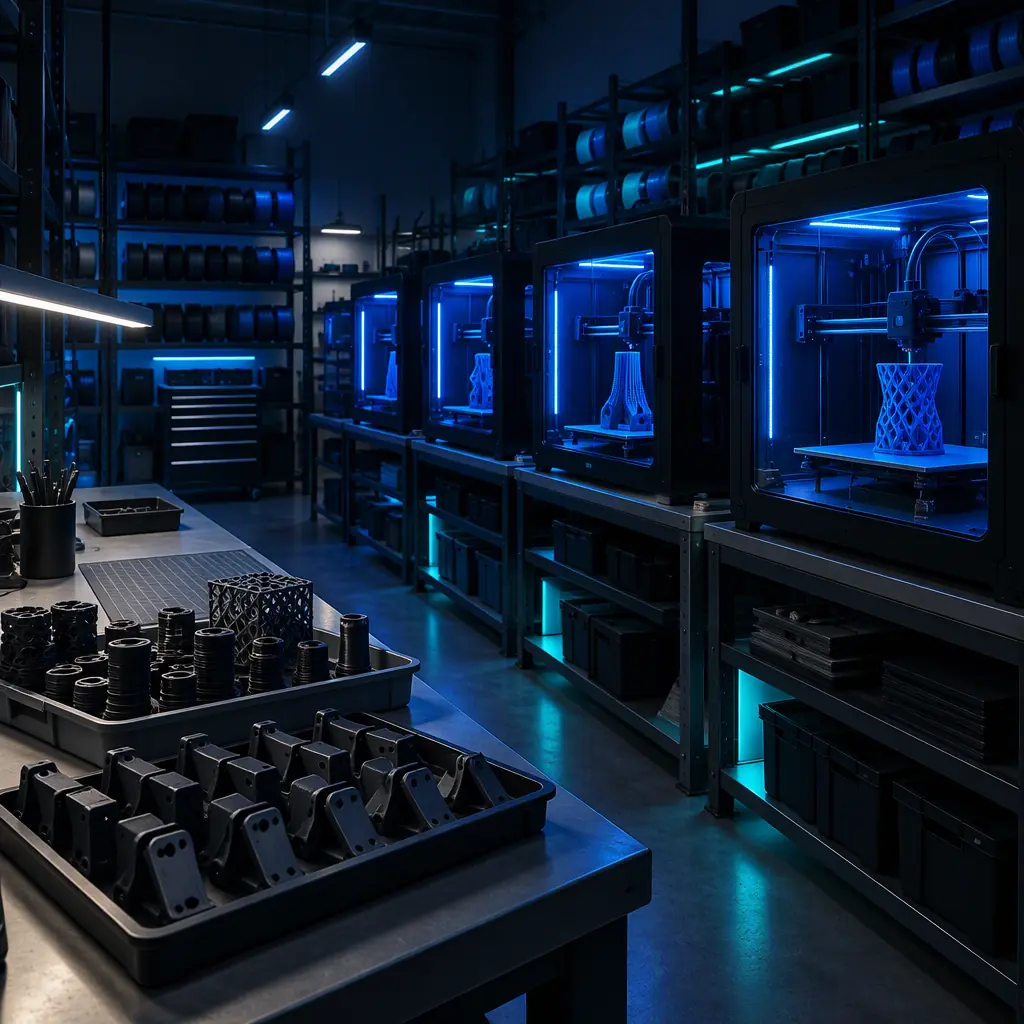 Photograph of a print farm at night, rows of enclosed 3D printers running with LED chamber lighting, a handover clipboard on a bench in the foreground