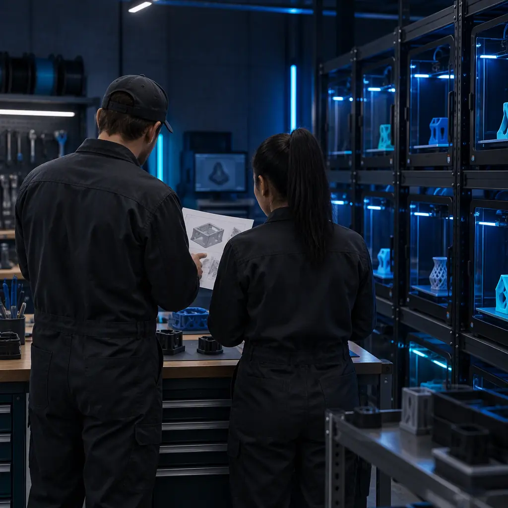 Photograph of two operators in the background at a print farm bench reviewing a handover sheet beside a rack of printers, no faces visible