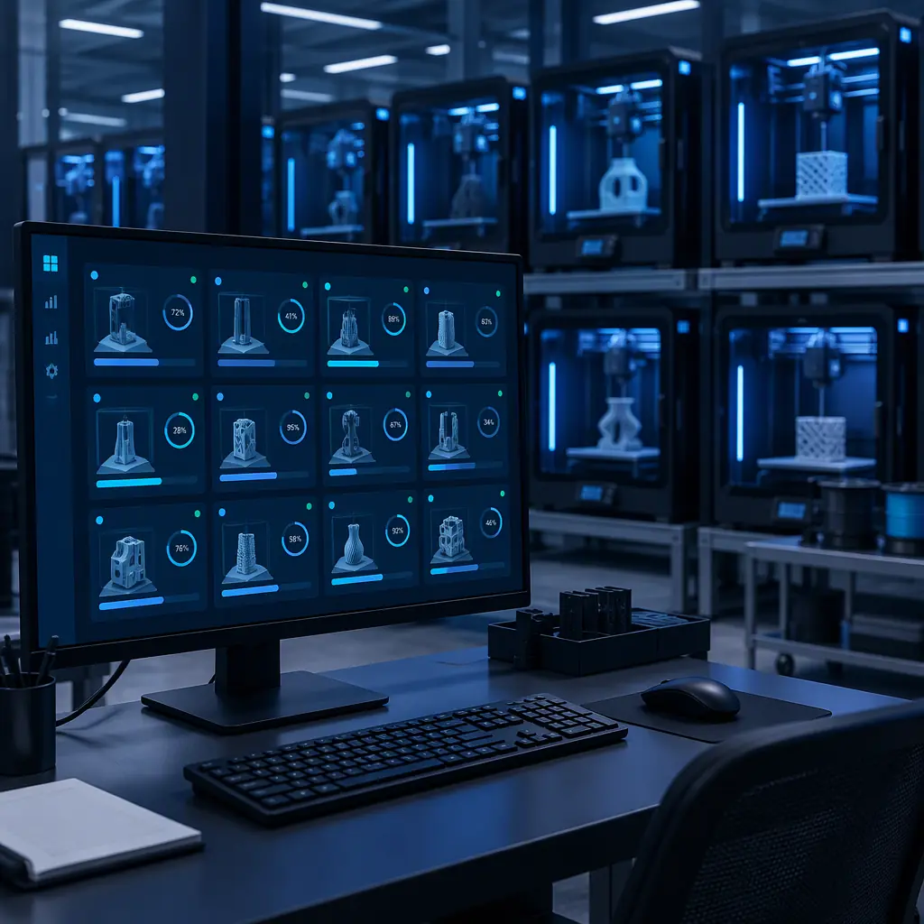Photograph of a print farm control desk with a monitor showing machine status and a keyboard, printers visible out of focus in the background