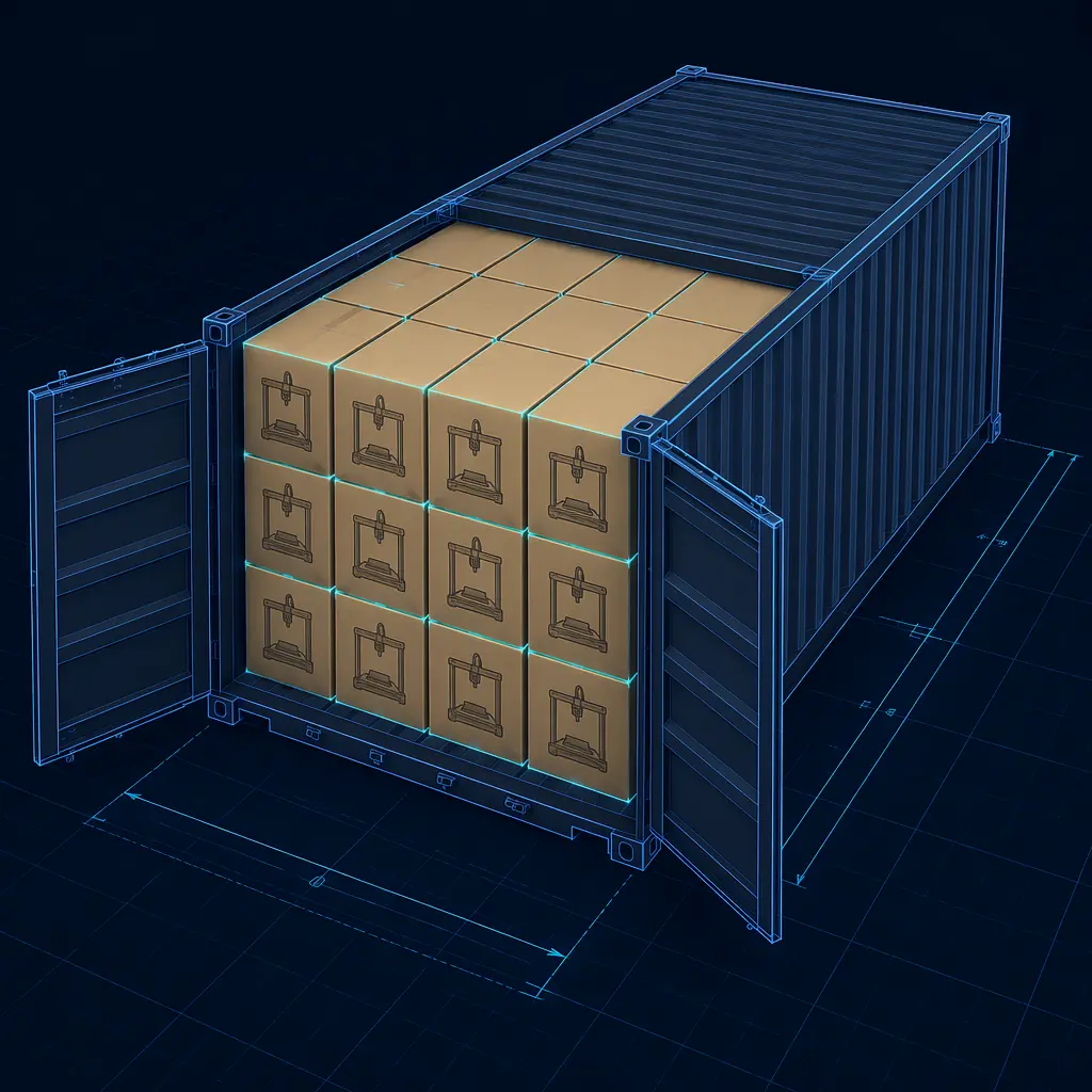 Container loading diagram showing 3D printer carton stacking optimization for 20ft and 40ft containers