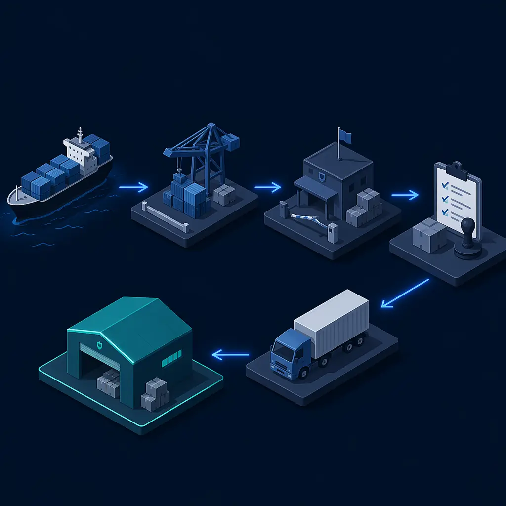 Customs clearance process diagram showing documentation flow from manufacturer to distributor