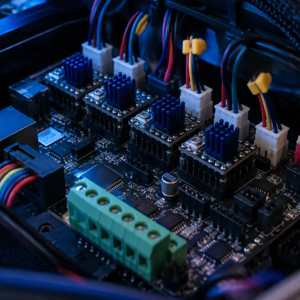 Close-up of a printer control board with stepper driver modules and wiring harnesses, connectors in focus, dark PCB, cool blue accent lighting, macro detail
